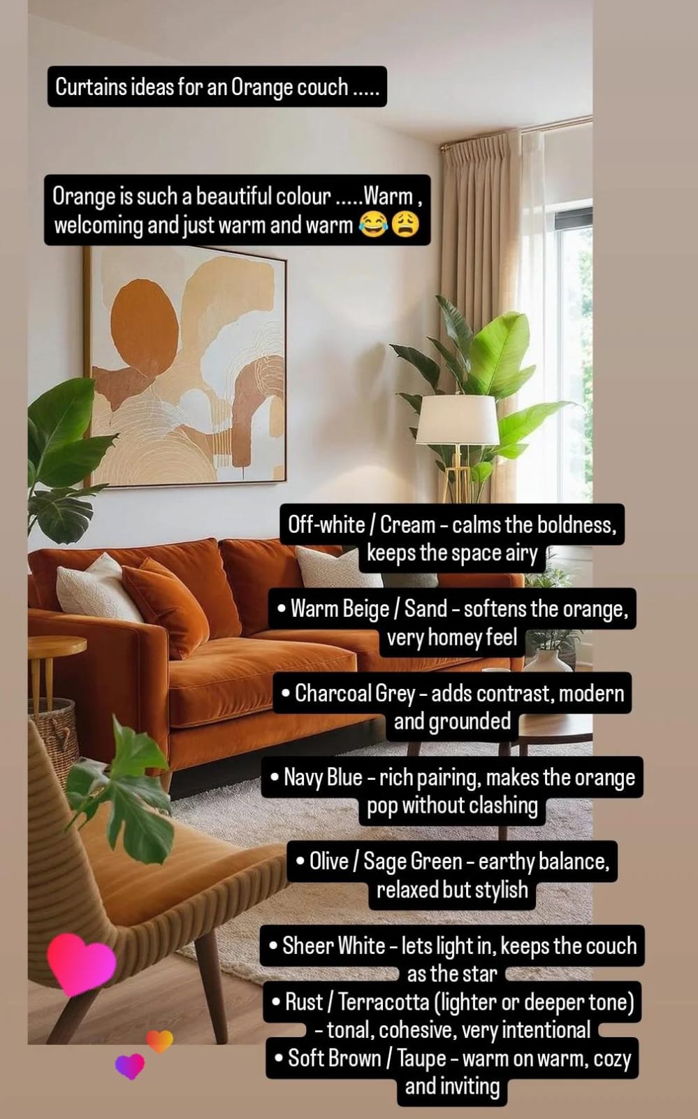 Curtain colour ideas for an orange couch